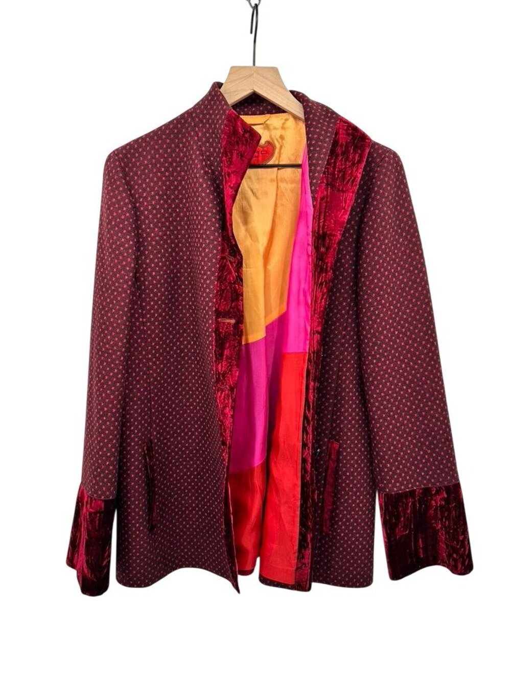 Etro Milano Red Patterned Wool Blend Jacket With Velvet Trim Size 46/Large - Picture 10 of 11